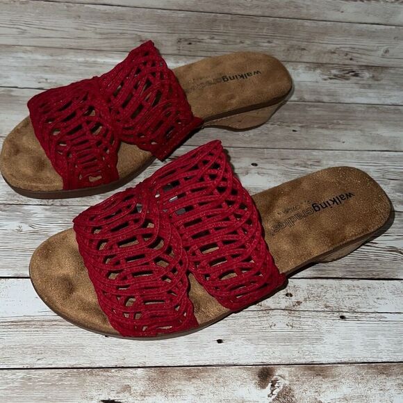 WALKING CRADLES Red Kudos Cork Wedge Heel Sandals Size 6WW Tiny Pillows Insoles - Picture 2 of 16